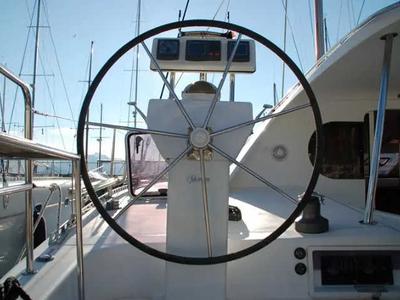 Cockpit of Kassiopeia, a Nautitech 47 catamaran at Marmaris, Turkey