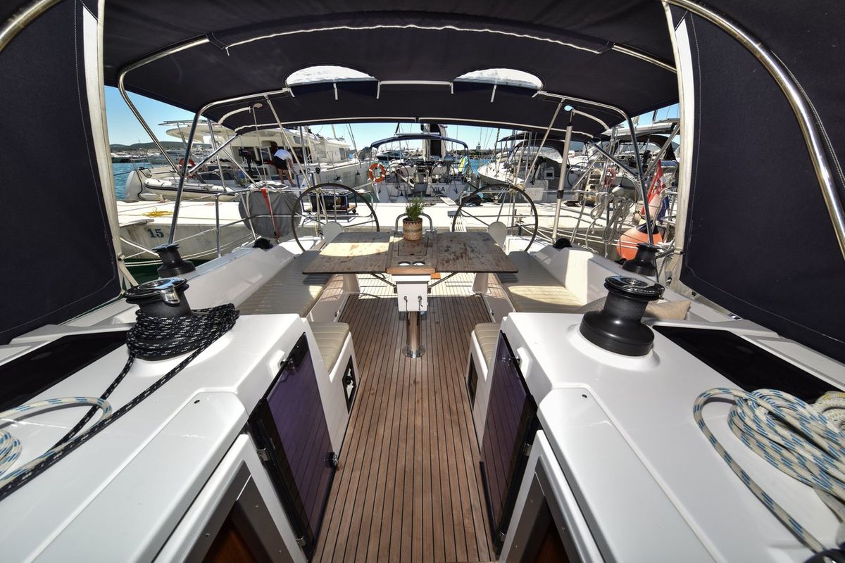 Cockpit of Bella, a Bavaria C42 sailboat at Općina Sukošan, Croatia
