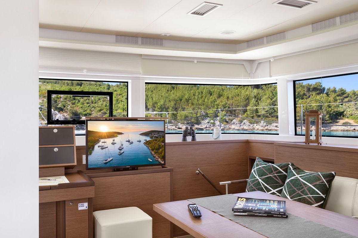 Salon of Emerald Gemini, a Lagoon 52 F OW catamaran at Grad Kaštela, Croatia