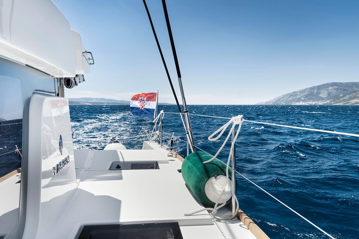 Deck of Emerald Gemini, a Lagoon 52 F OW catamaran at Grad Kaštela, Croatia