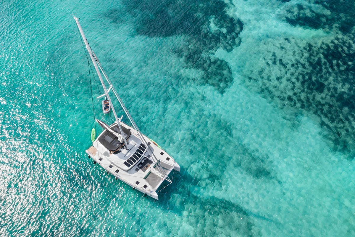 Exterior view of Emerald Gemini, a Lagoon 52 F OW catamaran at Grad Kaštela, Croatia