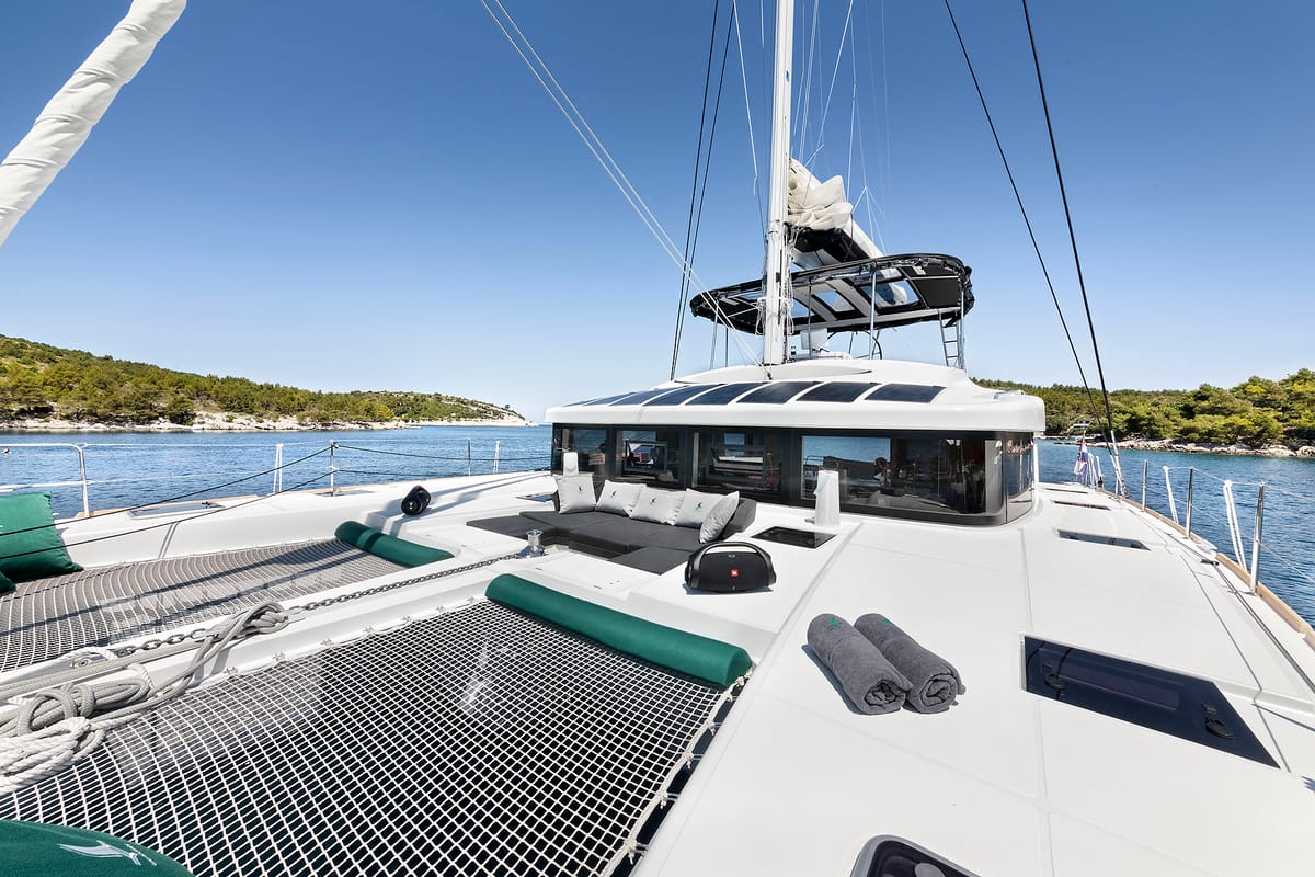 Deck of Emerald Gemini, a Lagoon 52 F OW catamaran at Grad Kaštela, Croatia