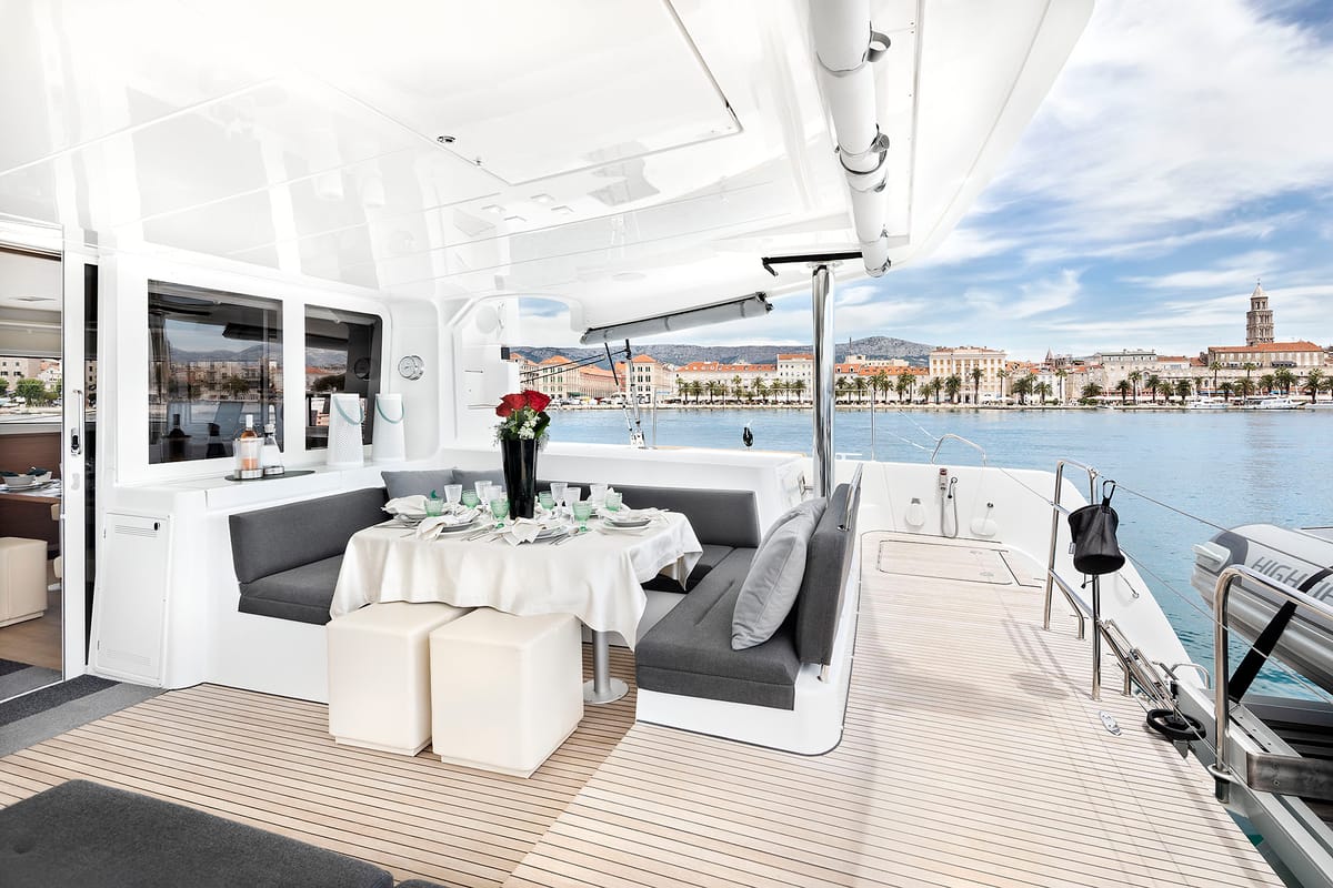 Deck of Emerald Gemini, a Lagoon 52 F OW catamaran at Grad Kaštela, Croatia
