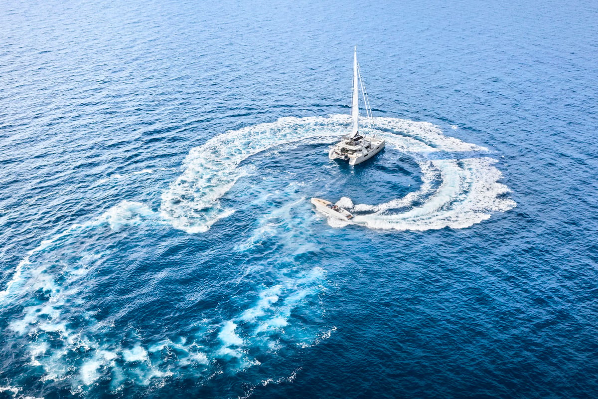 Exterior view of Emerald Gemini, a Lagoon 52 F OW catamaran at Grad Kaštela, Croatia