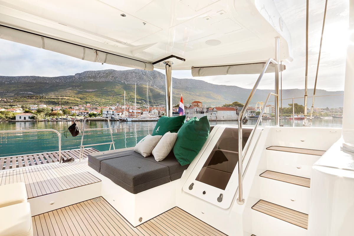 Deck of Emerald Gemini, a Lagoon 52 F OW catamaran at Grad Kaštela, Croatia