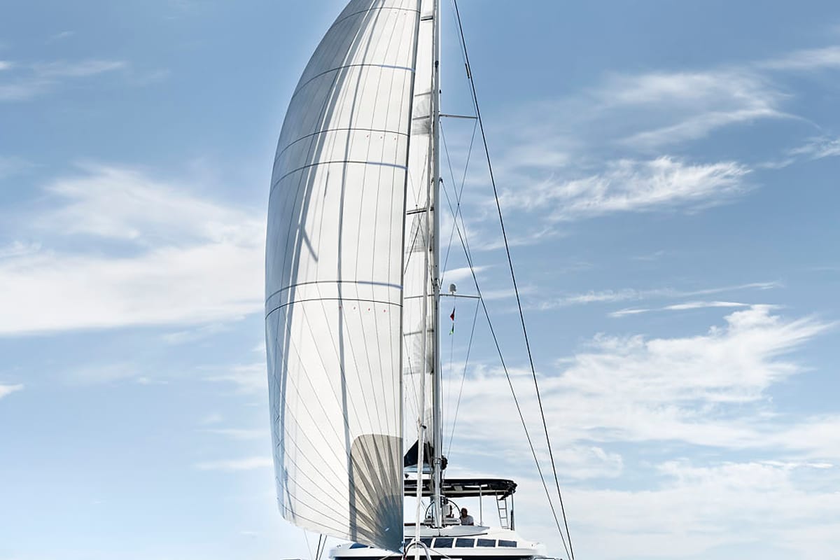 Exterior view of Emerald Gemini, a Lagoon 52 F OW catamaran at Grad Kaštela, Croatia
