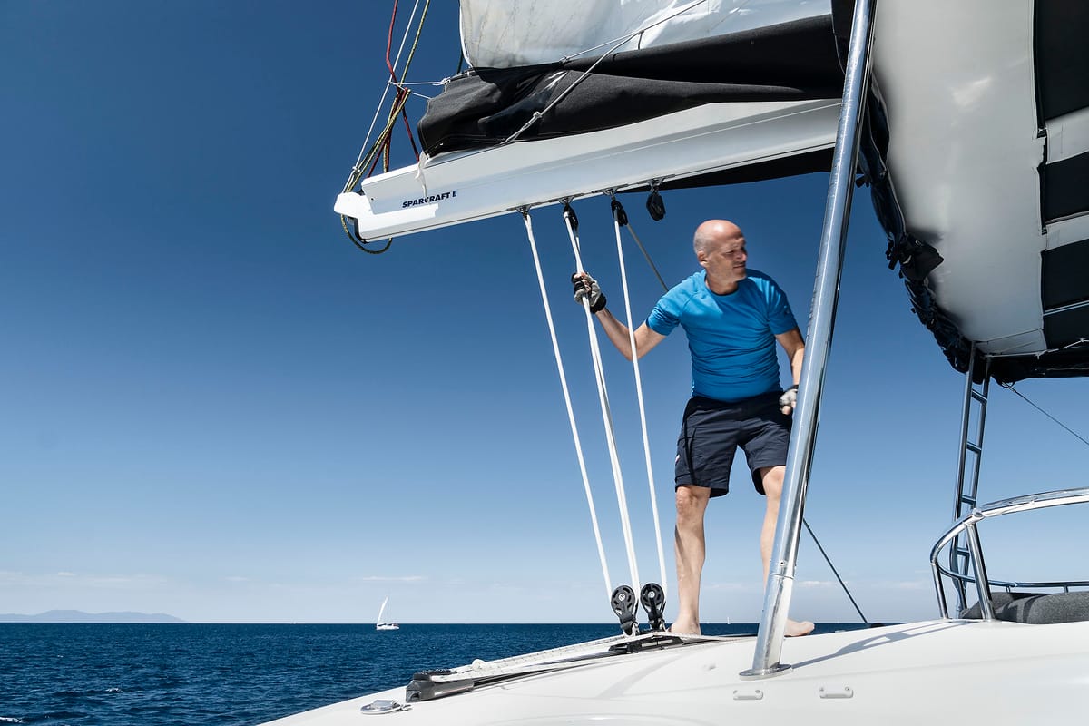 Deck of Emerald Gemini, a Lagoon 52 F OW catamaran at Grad Kaštela, Croatia