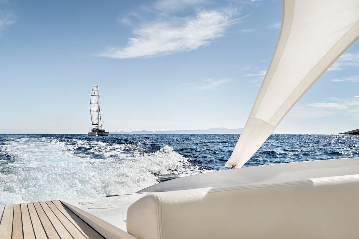 Exterior view of Emerald Gemini, a Lagoon 52 F OW catamaran at Grad Kaštela, Croatia