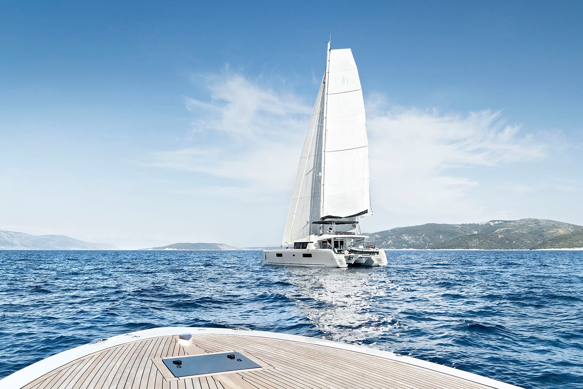 Exterior view of Emerald Gemini, a Lagoon 52 F OW catamaran at Grad Kaštela, Croatia