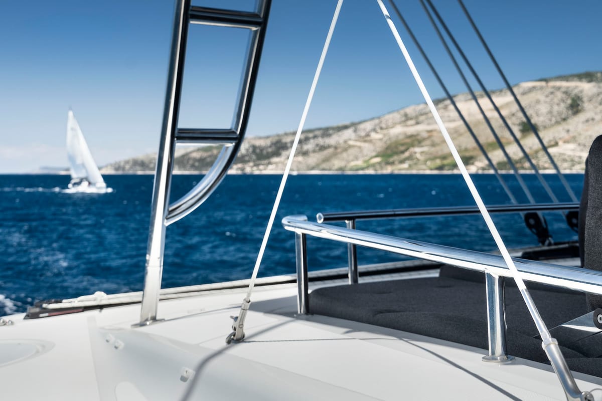 Deck of Emerald Gemini, a Lagoon 52 F OW catamaran at Grad Kaštela, Croatia