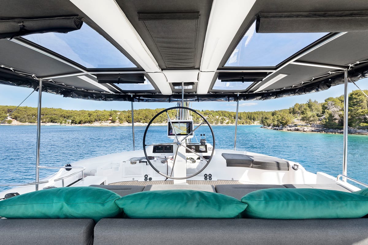 Cockpit of Emerald Gemini, a Lagoon 52 F OW catamaran at Grad Kaštela, Croatia