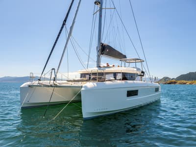 Exterior view of Michelangelo, a Lagoon 43 catamaran at Benitses, Greece