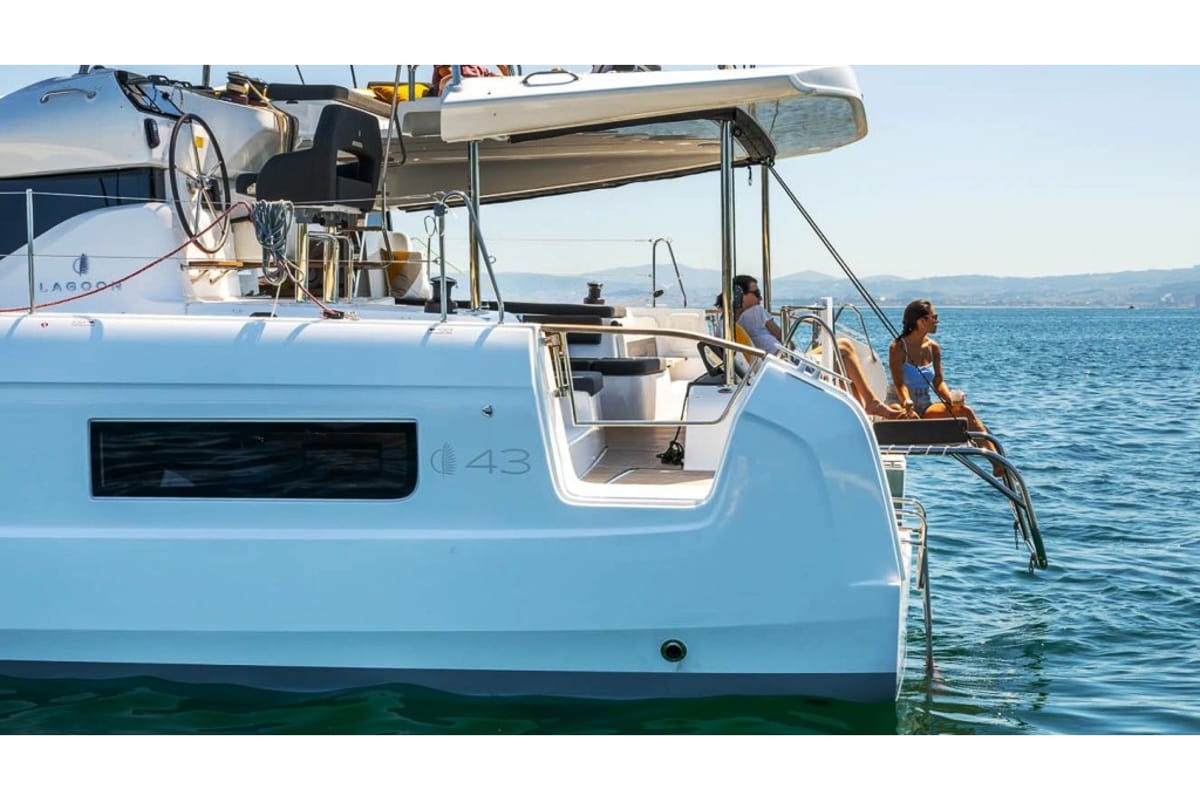 Deck of Michelangelo, a Lagoon 43 catamaran at Benitses, Greece