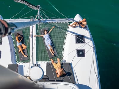 Deck of Michelangelo, a Lagoon 43 catamaran at Benitses, Greece