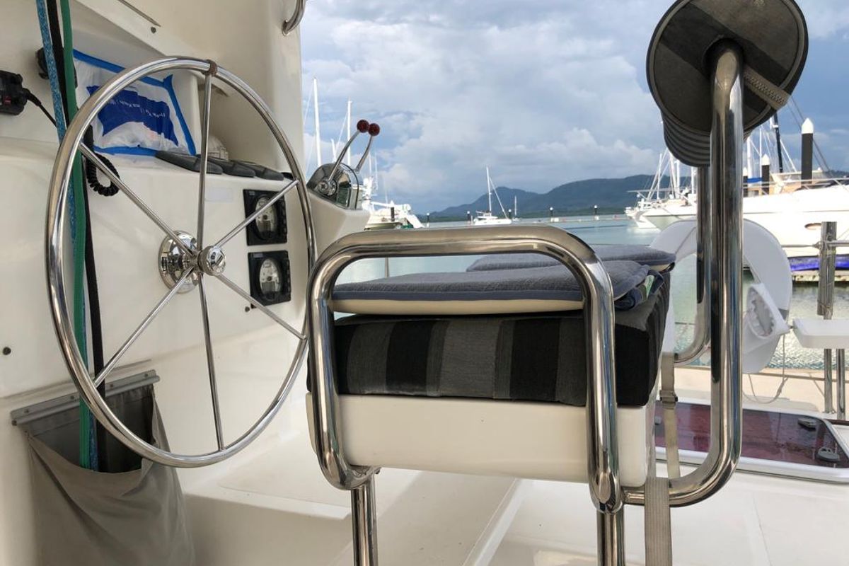 Cockpit of Kirsty B, a Custom Made Matrix Vision 450 catamaran at Mai Khao, Thailand