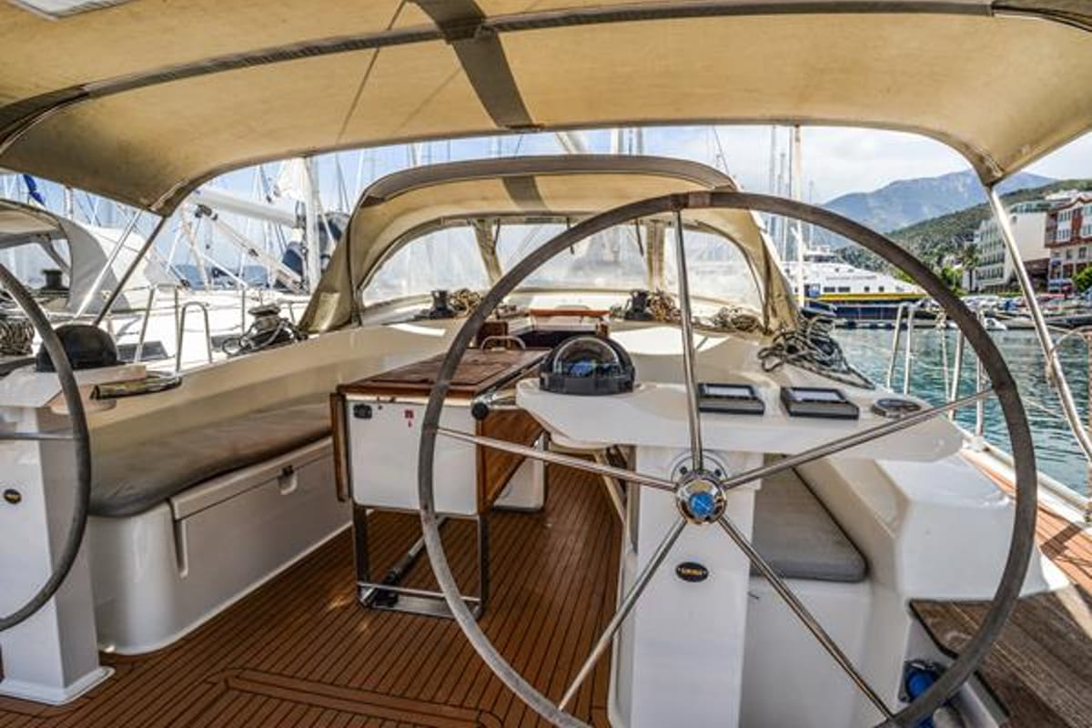 Cockpit of Santa Maria, a Bavaria Cruiser 45 sailboat at Fethiye, Turkey