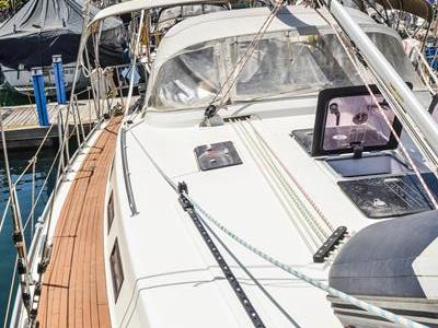 Deck of Santa Maria, a Bavaria Cruiser 45 sailboat at Fethiye, Turkey