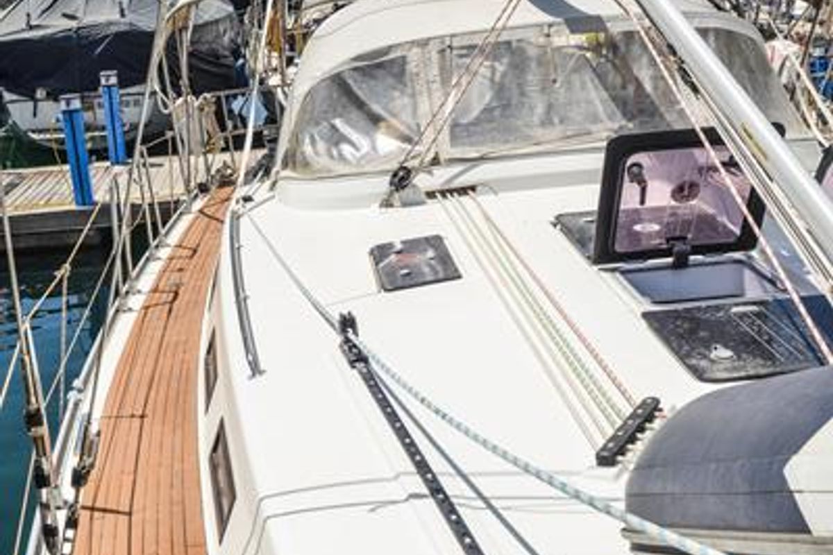 Deck of Santa Maria, a Bavaria Cruiser 45 sailboat at Fethiye, Turkey
