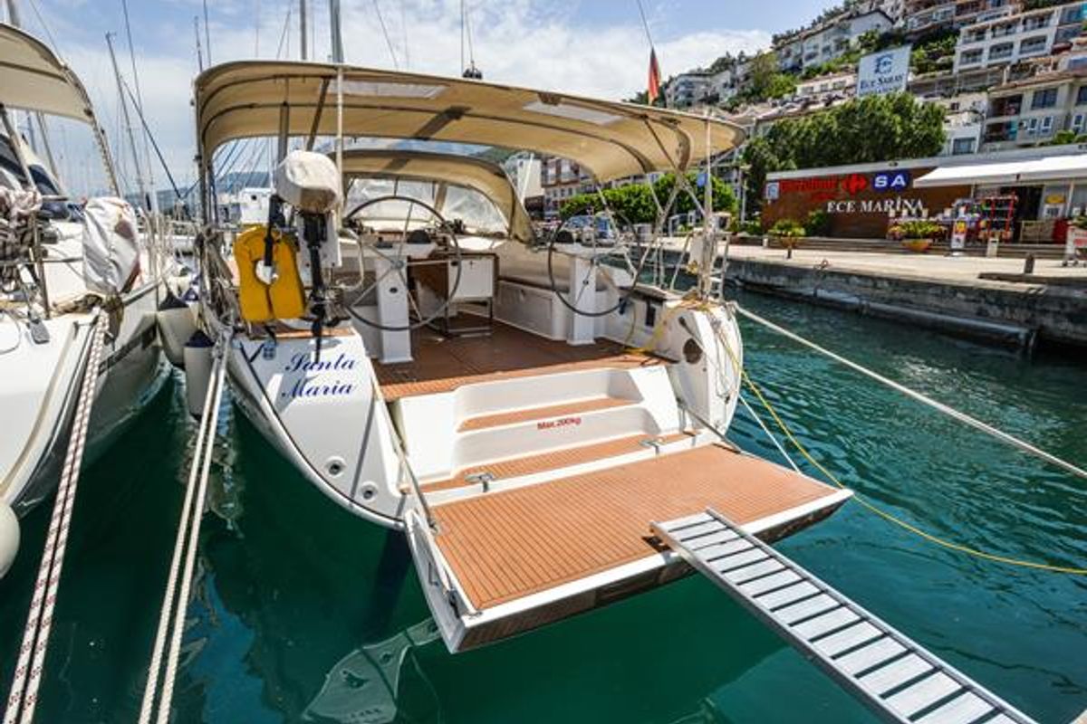 Exterior view of Santa Maria, a Bavaria Cruiser 45 sailboat at Fethiye, Turkey