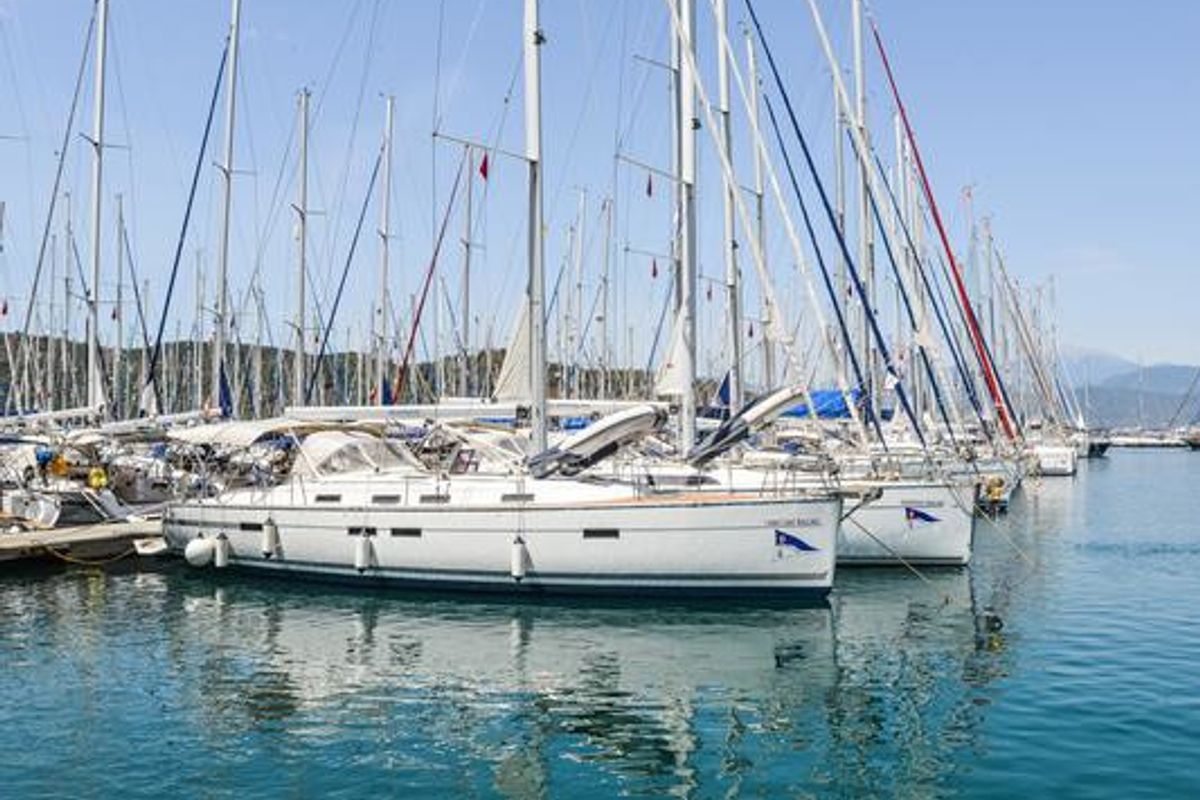 Exterior view of Santa Maria, a Bavaria Cruiser 45 sailboat at Fethiye, Turkey