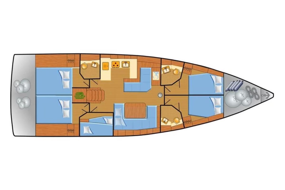 Floor plan of Alboran Mónica, a Beneteau Oceanis 51.1 sailboat at Murdeira, Cape Verde