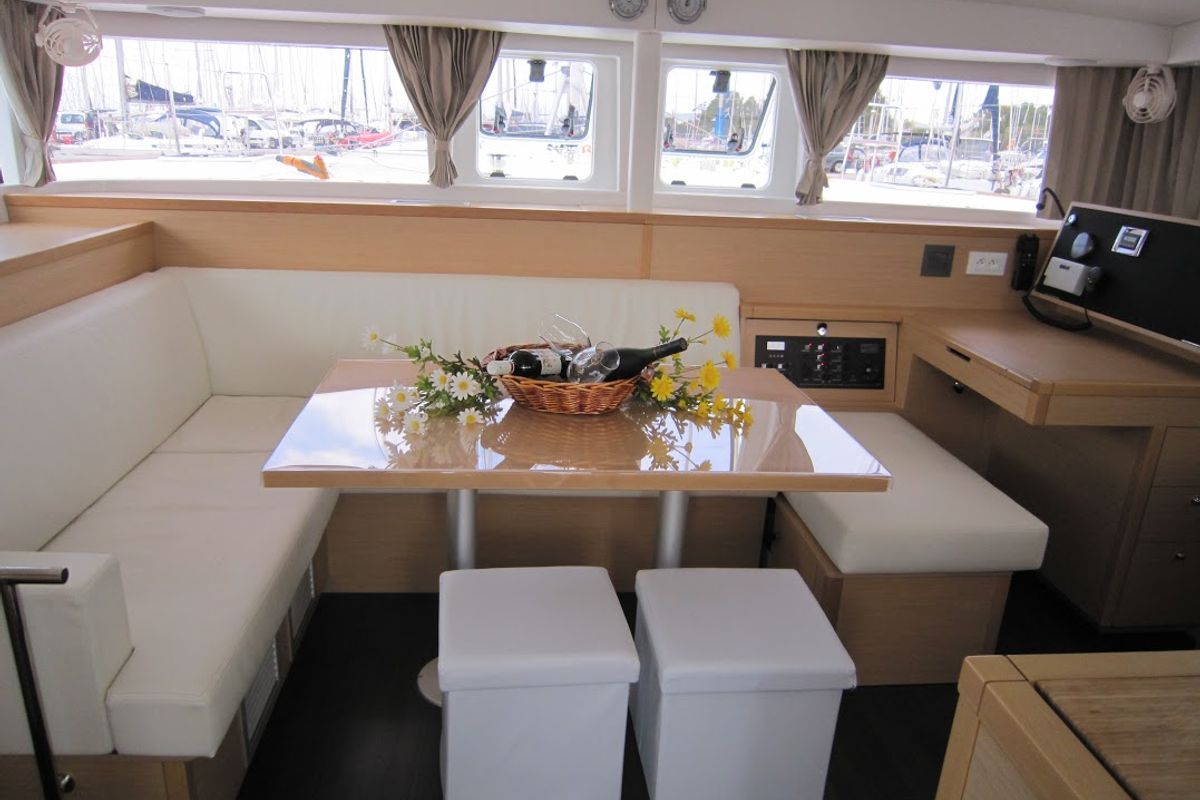 Salon of Emerald Seas, a Lagoon 400 S2 catamaran at Lavreotiki Municipal Unit, Greece