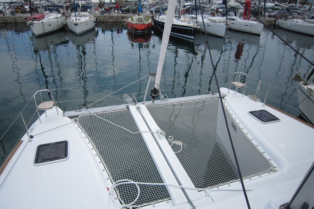 Deck of Emerald Seas, a Lagoon 400 S2 catamaran at Lavreotiki Municipal Unit, Greece