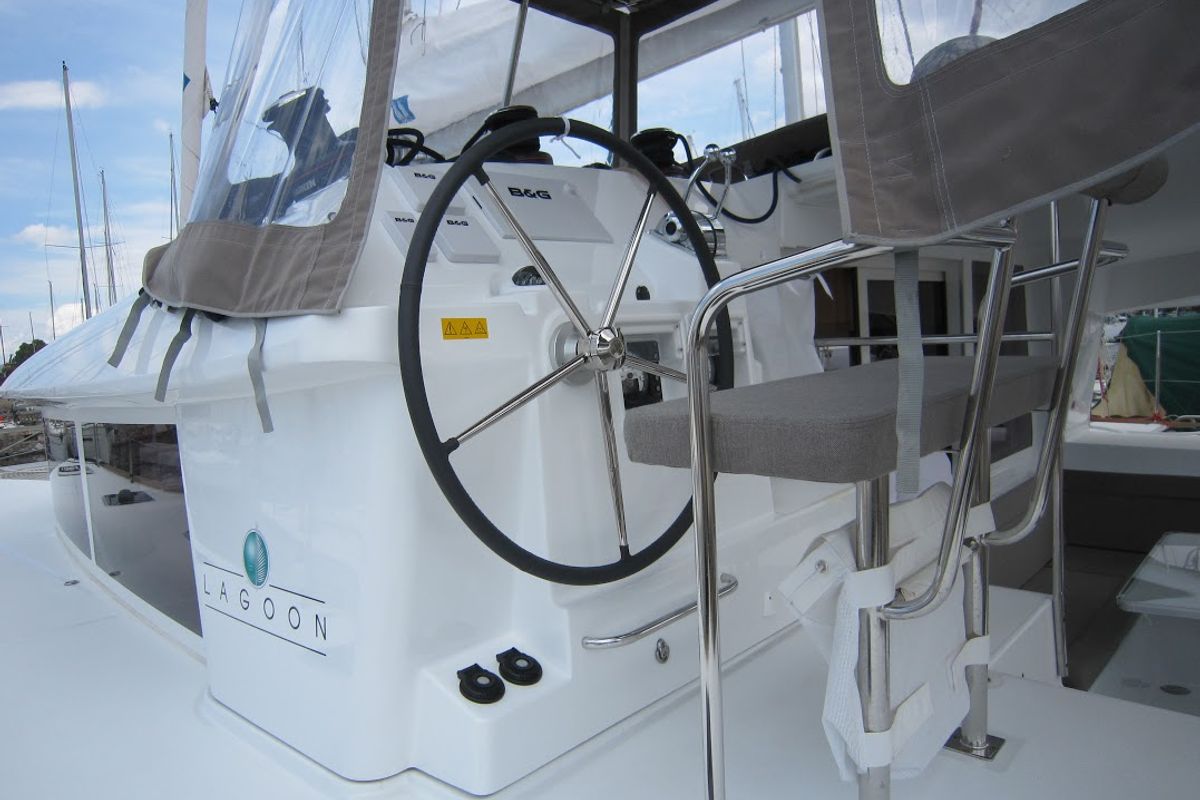 Cockpit of Emerald Seas, a Lagoon 400 S2 catamaran at Lavreotiki Municipal Unit, Greece