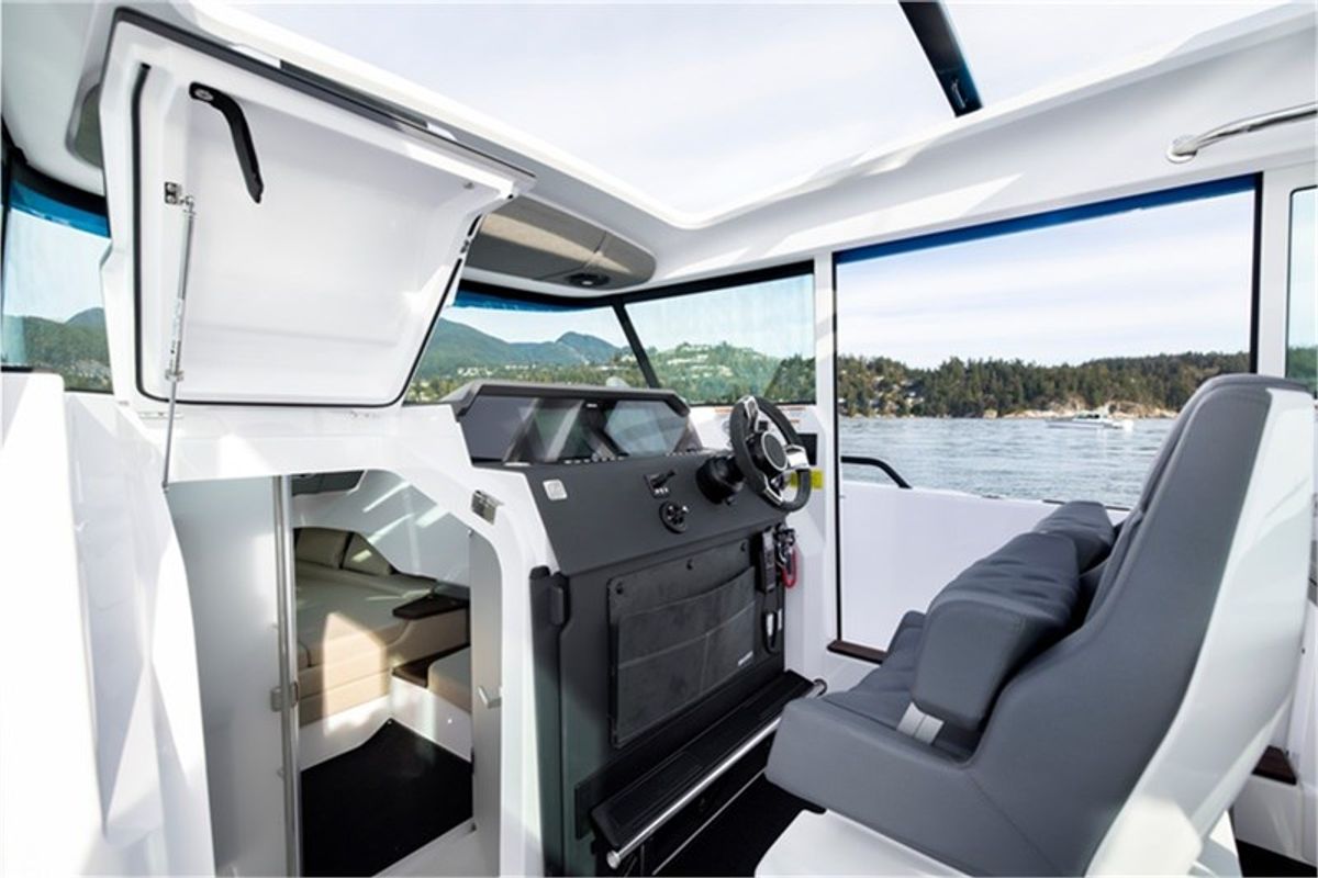 Cockpit of Axopar, a Axopar 37 XC Cross Cabin motorboat at Athens, Greece