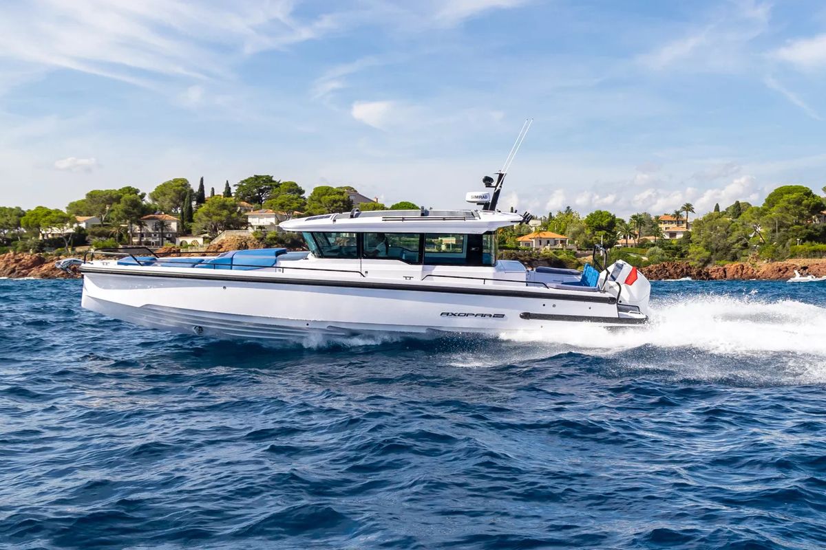 Exterior view of Axopar, a Axopar 37 XC Cross Cabin motorboat at Athens, Greece