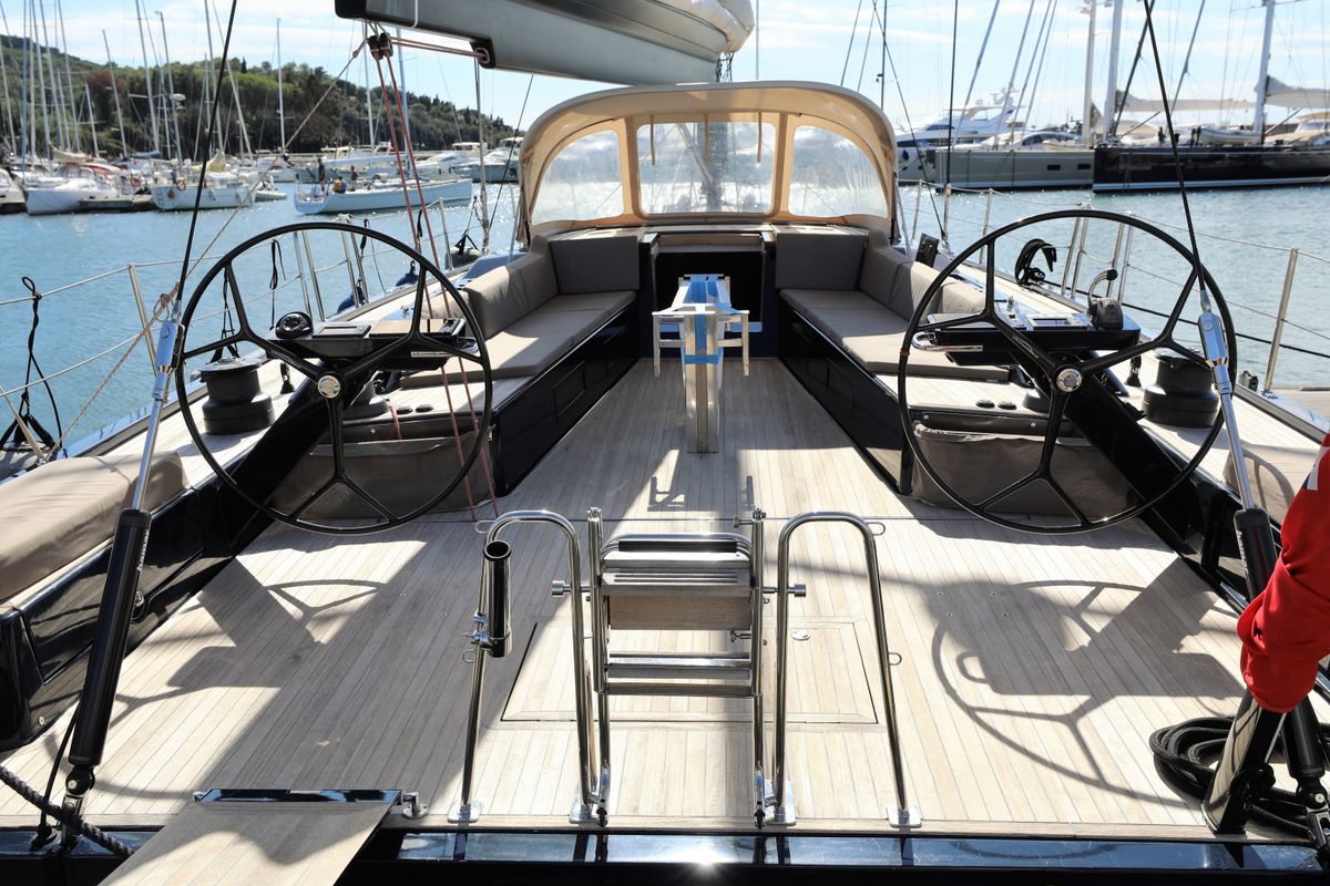 Cockpit of Morfely, a Grand Soleil 58 sailboat at Cagliari, Italy