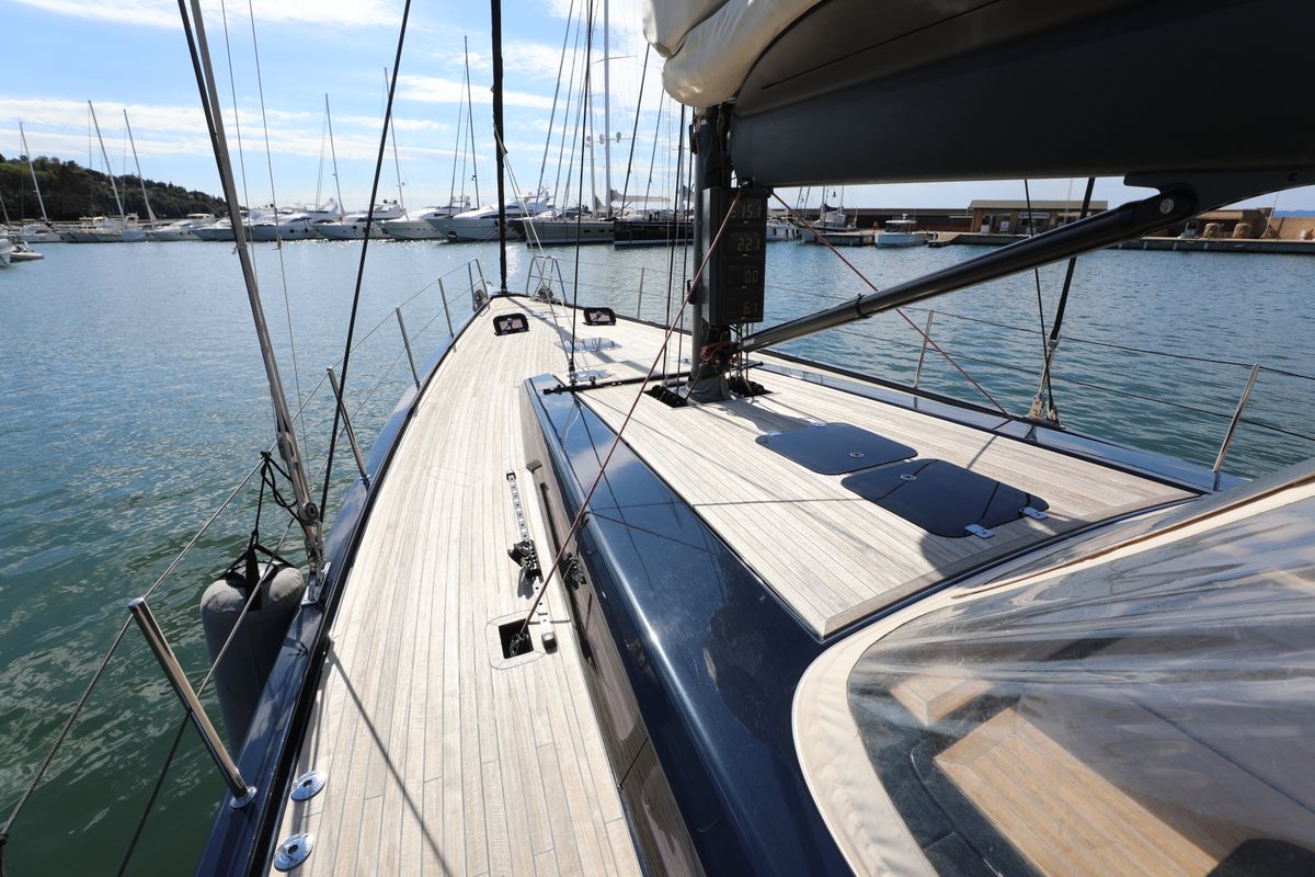 Deck of Morfely, a Grand Soleil 58 sailboat at Cagliari, Italy
