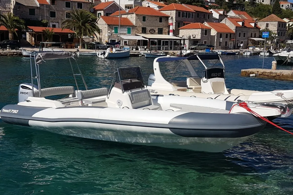 Exterior view of NN, a Colnago 33 JG motorboat at Grad Trogir, Croatia