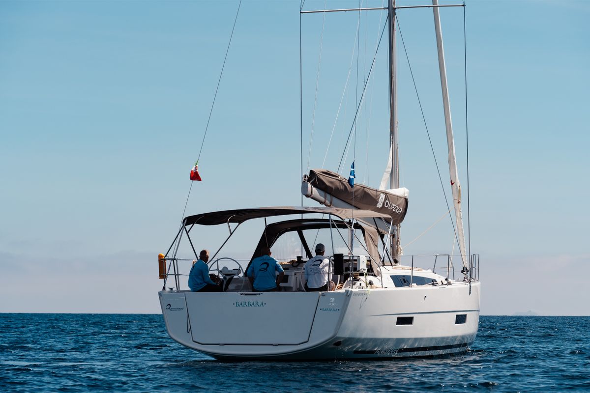 Exterior view of Barbara, a Dufour 430 sailboat at Olbia, Italy