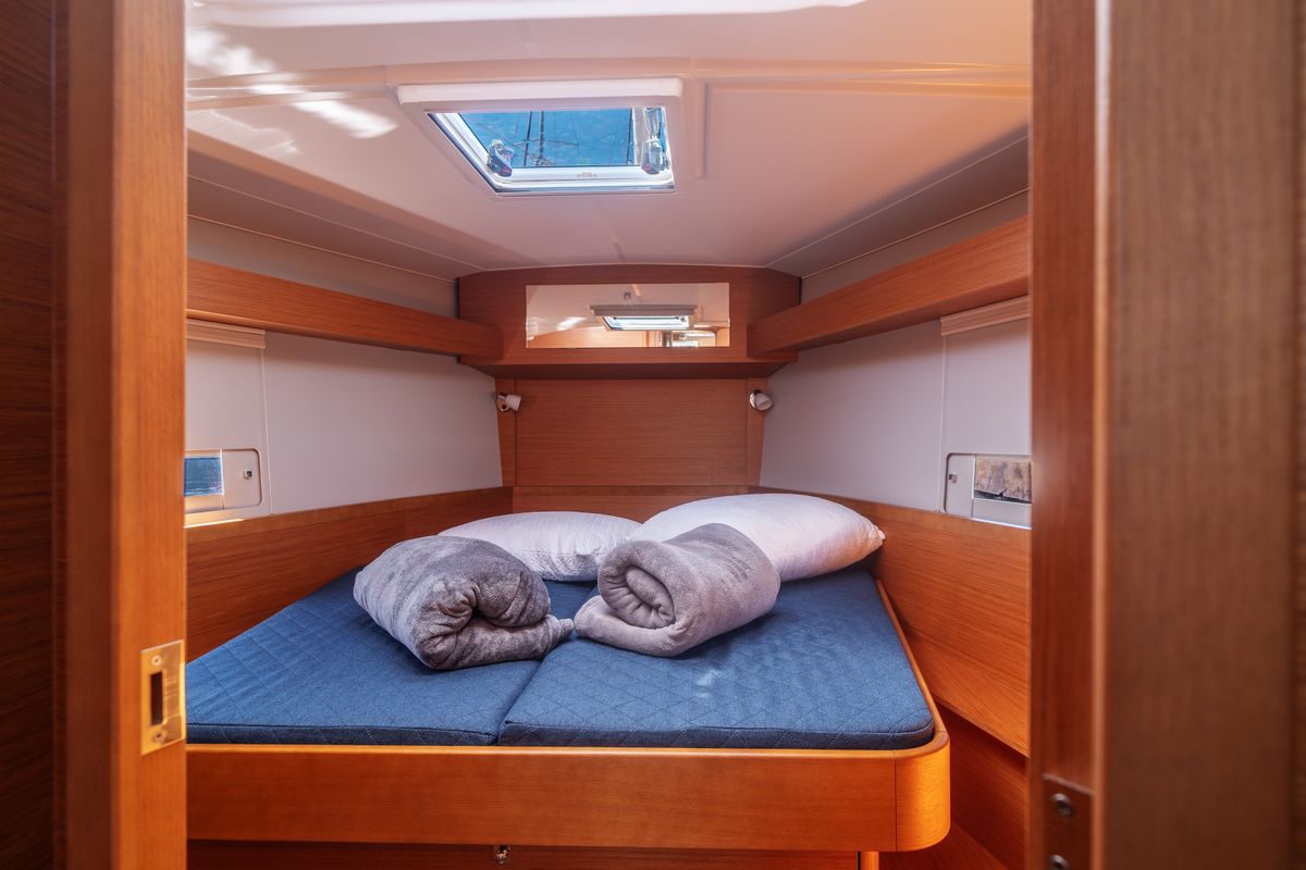 Cabin on Barbara, a Dufour 430 sailboat at Olbia, Italy