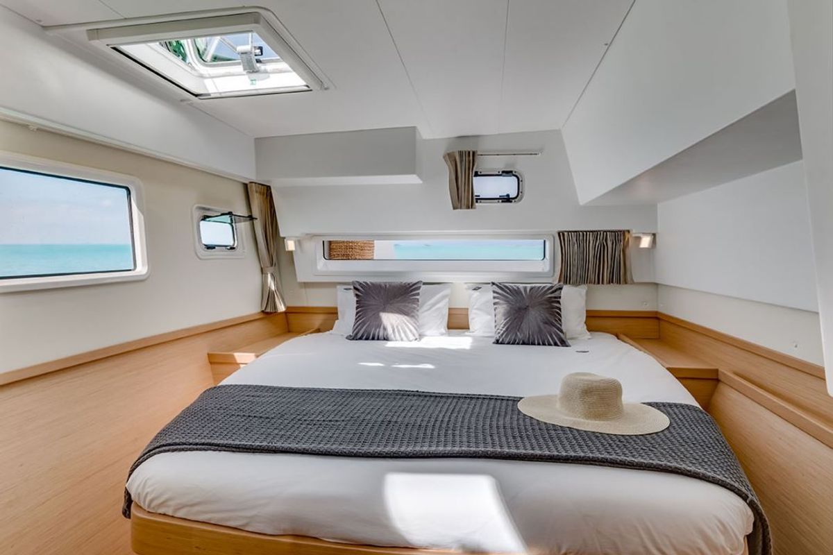 Cabin on Cucù, a Lagoon 42 catamaran at La Spezia, Italy