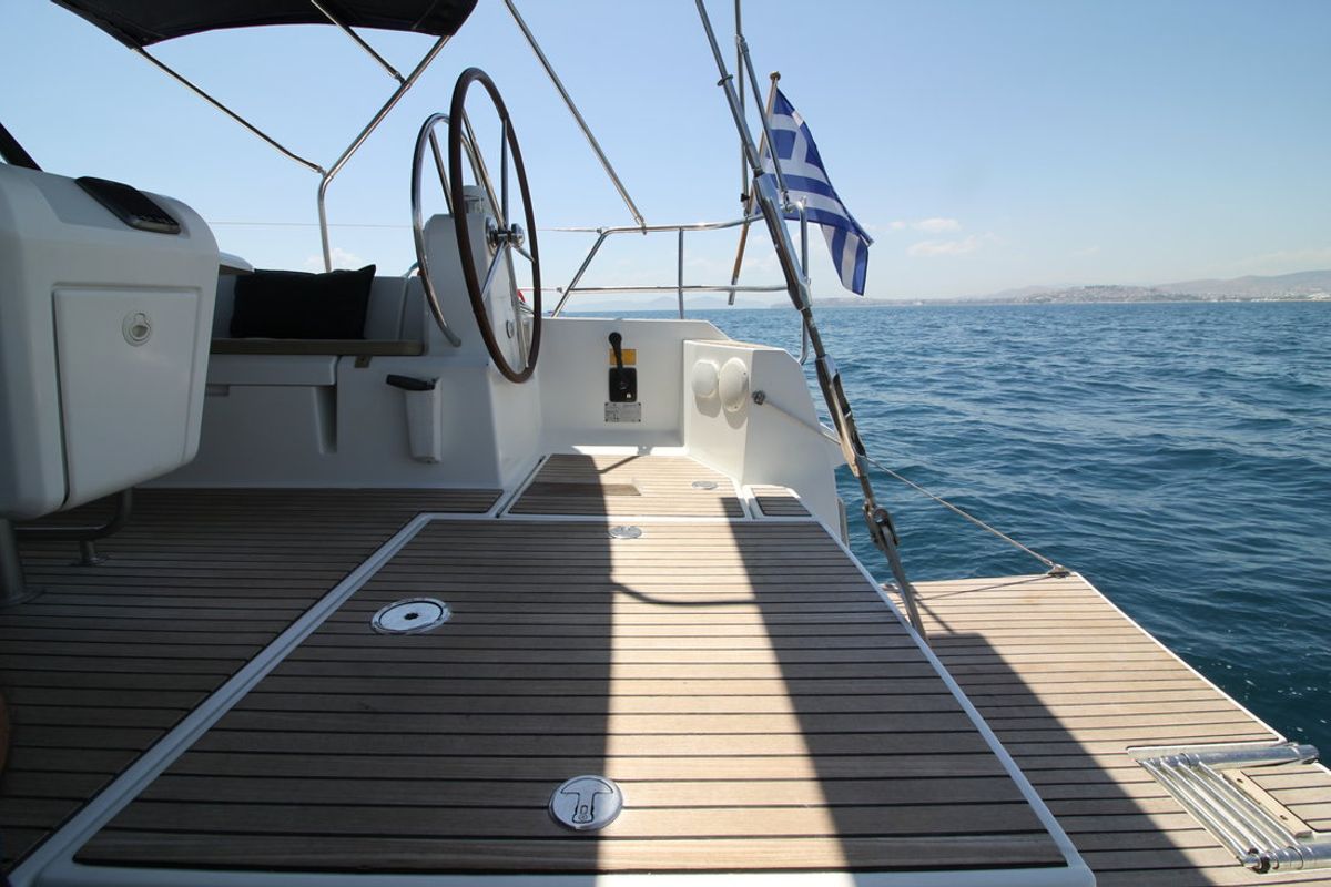 Deck of King Of Hearts, a Jeanneau Sun Odyssey 509 sailboat at Athens, Greece