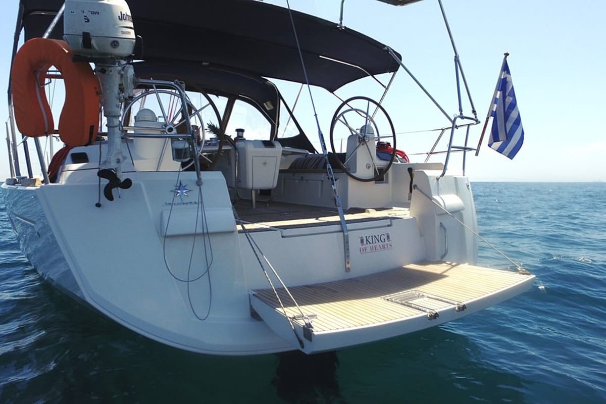 Exterior view of King Of Hearts, a Jeanneau Sun Odyssey 509 sailboat at Athens, Greece