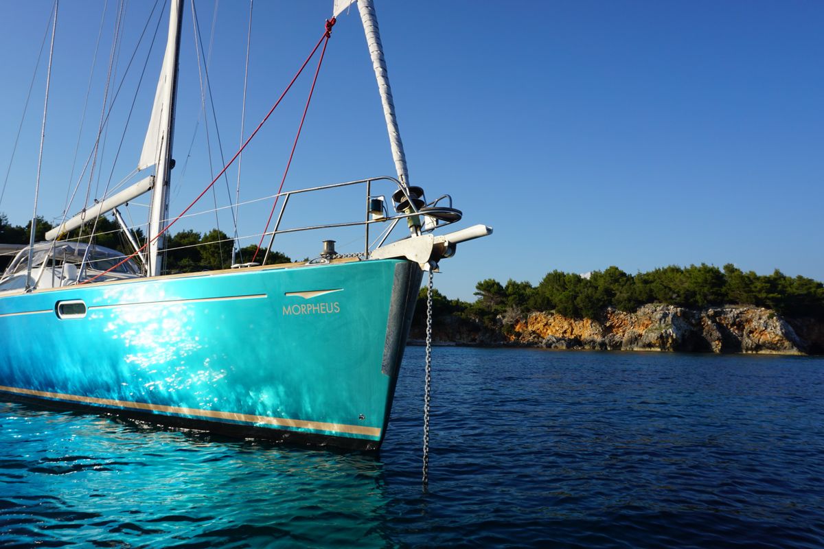 Exterior view of Morpheus, a Jeanneau Sun Odyssey 54DS sailboat at Gouvia, Greece
