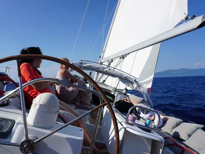 Cockpit of Morpheus, a Jeanneau Sun Odyssey 54DS sailboat at Gouvia, Greece