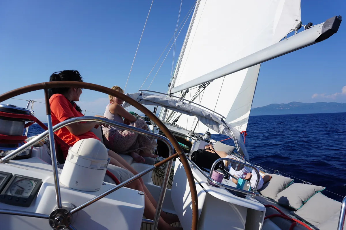 Cockpit of Morpheus, a Jeanneau Sun Odyssey 54DS sailboat at Gouvia, Greece