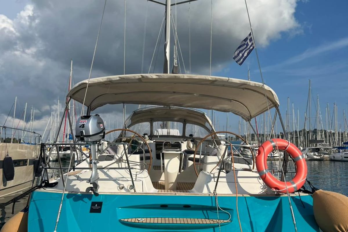 Deck of Morpheus, a Jeanneau Sun Odyssey 54DS sailboat at Gouvia, Greece