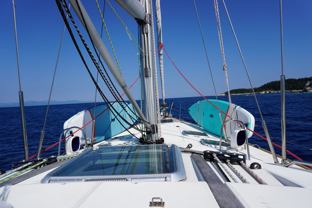 Deck of Morpheus, a Jeanneau Sun Odyssey 54DS sailboat at Gouvia, Greece