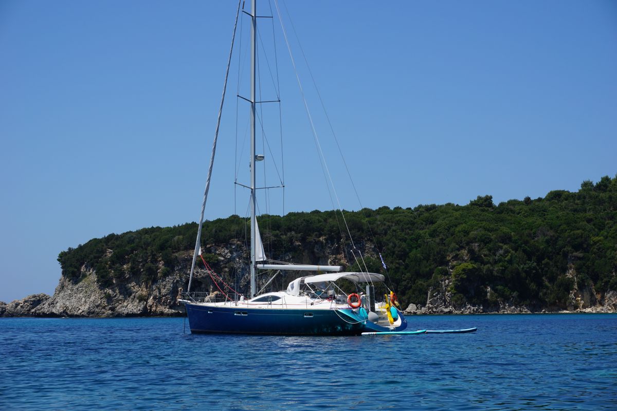 Exterior view of Morpheus, a Jeanneau Sun Odyssey 54DS sailboat at Gouvia, Greece