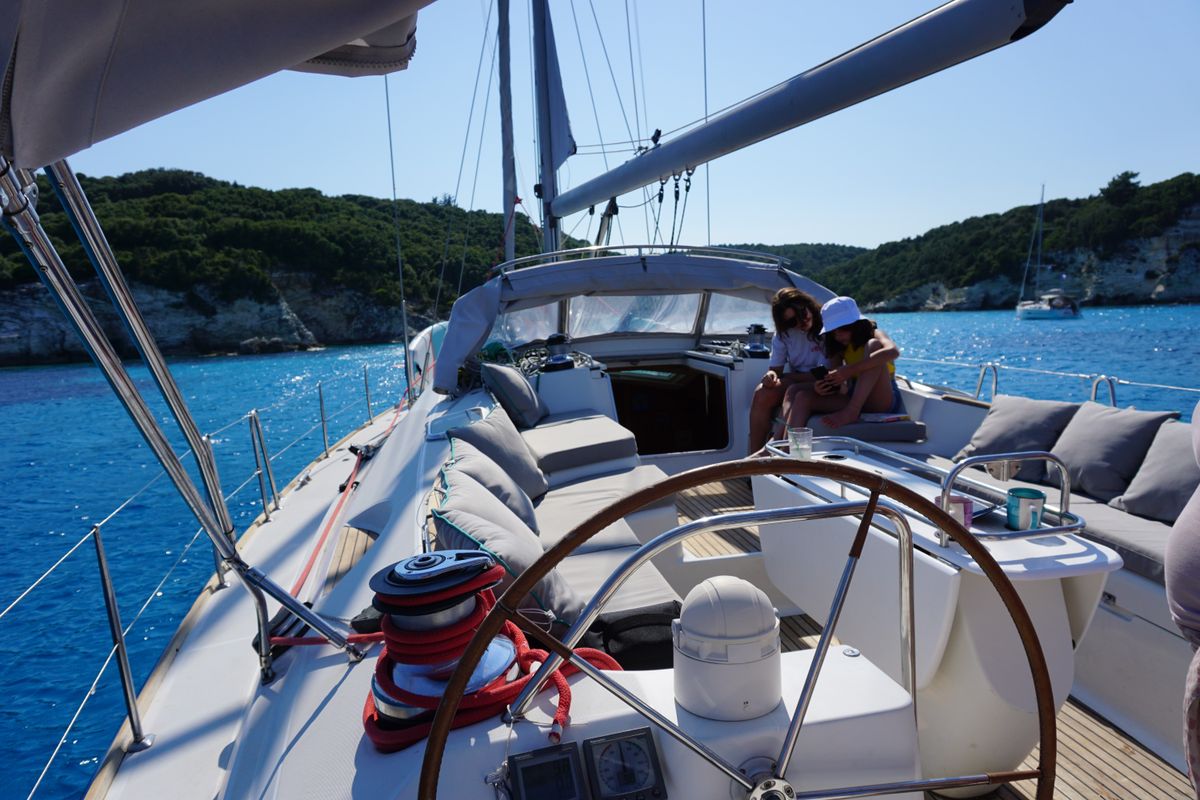 Deck of Morpheus, a Jeanneau Sun Odyssey 54DS sailboat at Gouvia, Greece