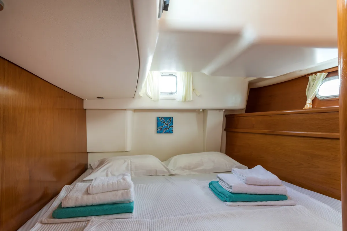 Cabin on Morpheus, a Jeanneau Sun Odyssey 54DS sailboat at Gouvia, Greece