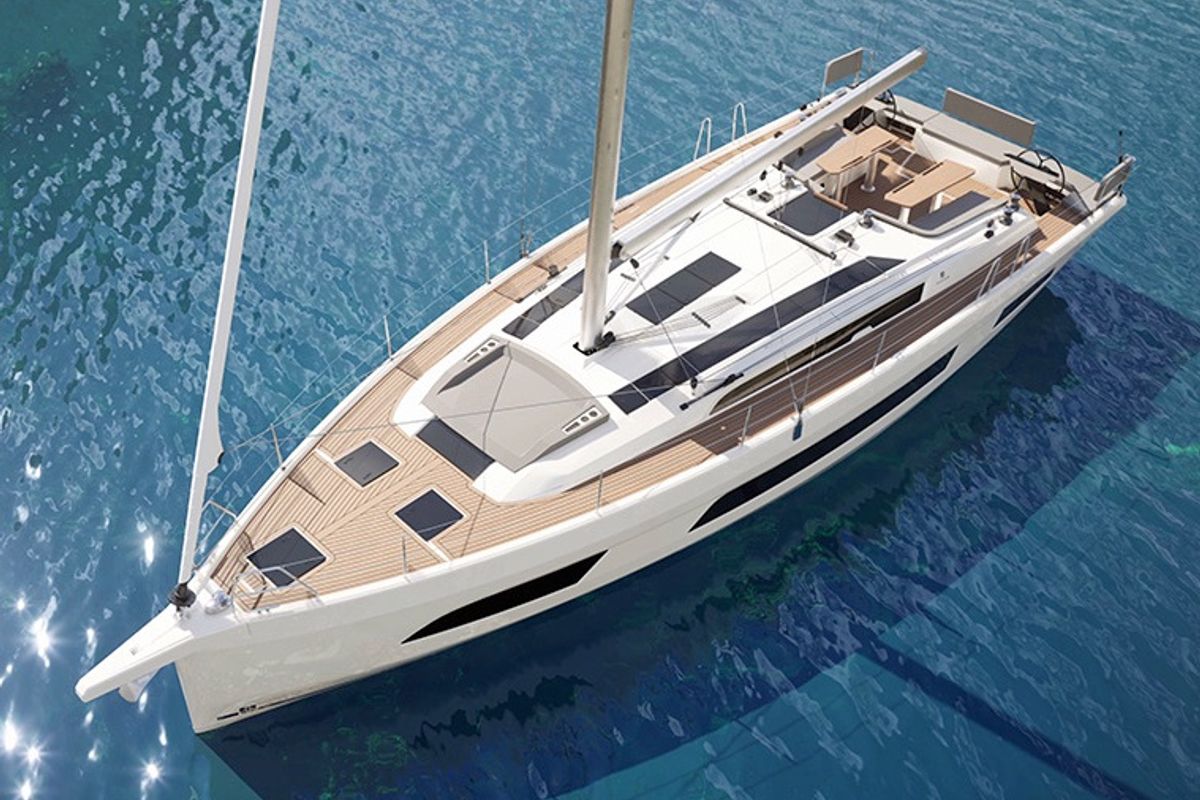 Exterior view of D48 Luna, a Dufour 48 sailboat at Mytikas, Greece