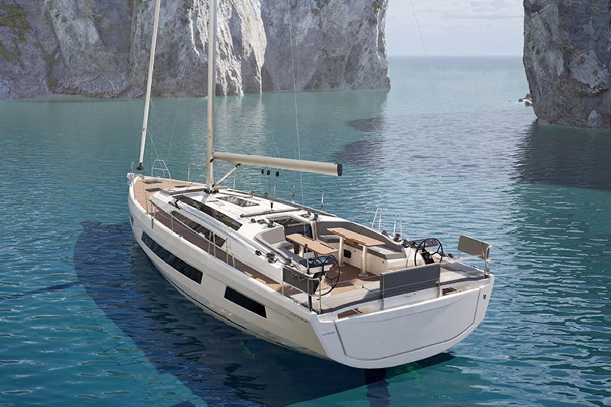 Exterior view of D48 Luna, a Dufour 48 sailboat at Mytikas, Greece