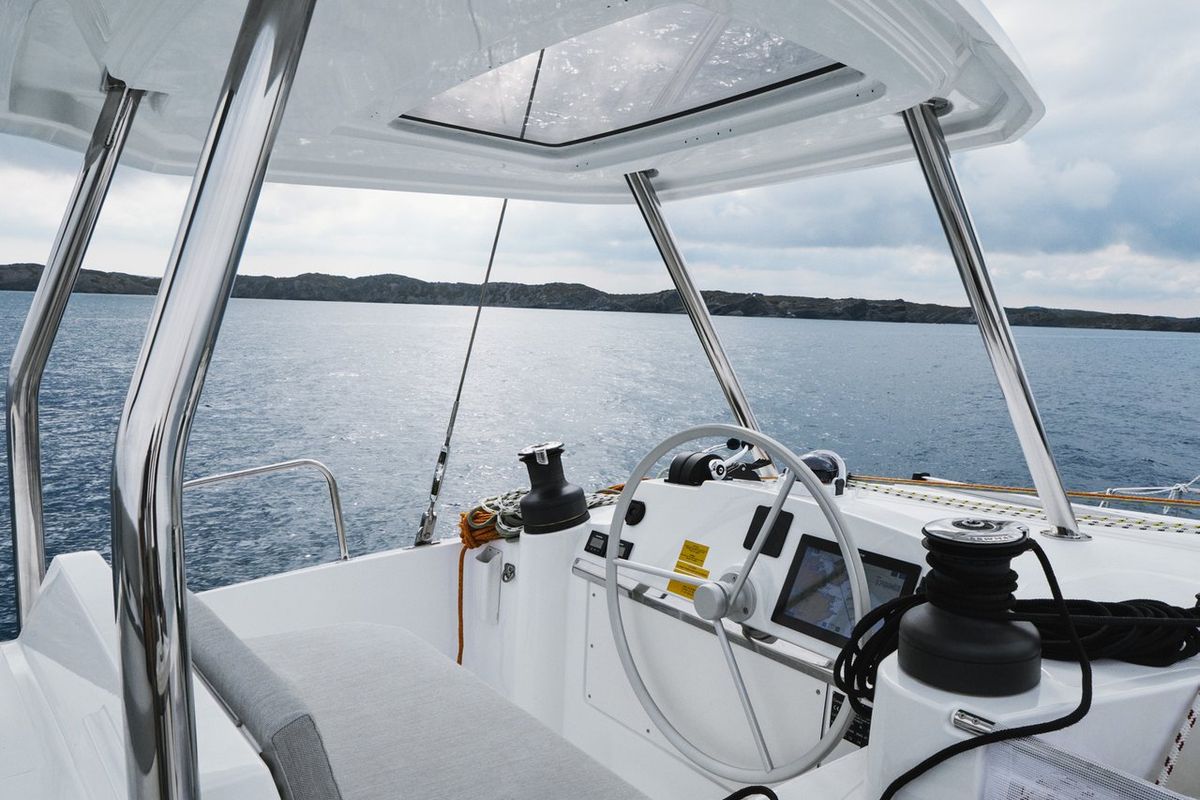 Cockpit of La Calma, a Bali 4.4 catamaran at Pirovac, Croatia