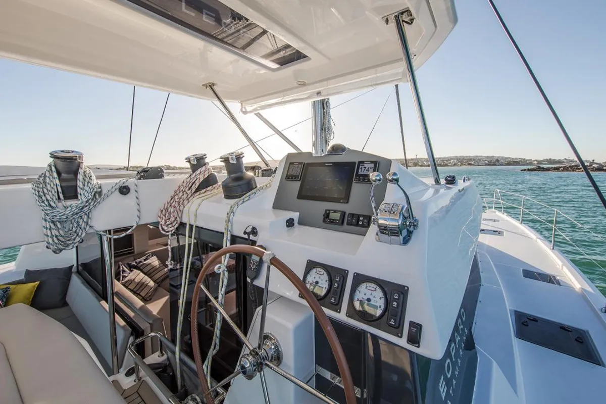 Cockpit of Moorings 5000-5 Club, a Leopard 50 catamaran at Procida, Italy